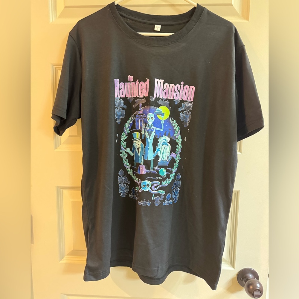Disney Inspired Haunted Mansion Graphic Black T-Shirt Large Unisex Short Sleeve